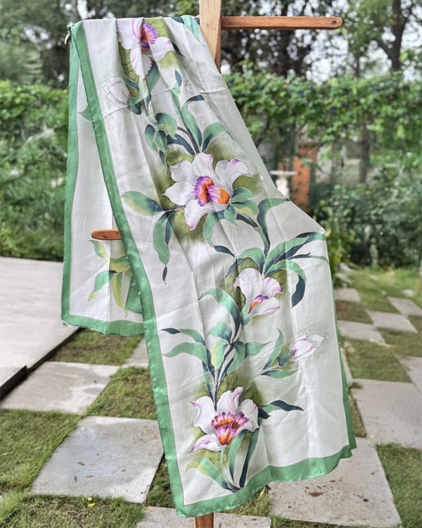 White and red floral Silk stole