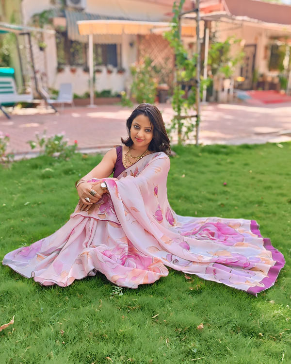 Pure satin georgette Lvender silk rose saree