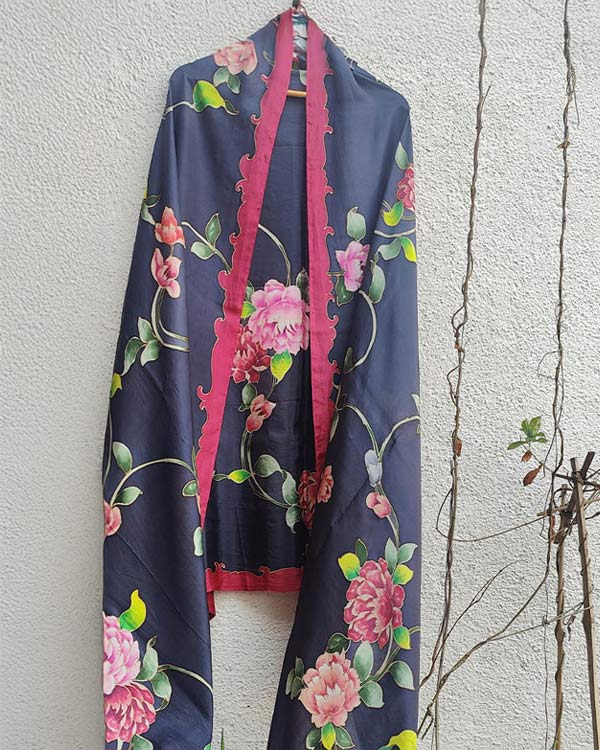 Black Floral Silk Dupatta