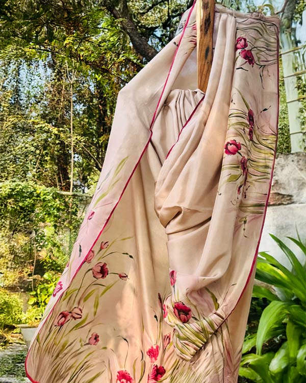Hand Painted Habotai Silk Saree With Painted Poppies