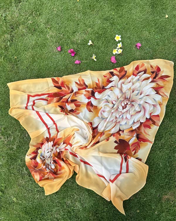 Chrysanthemums Yellow Crape Silk Scraf