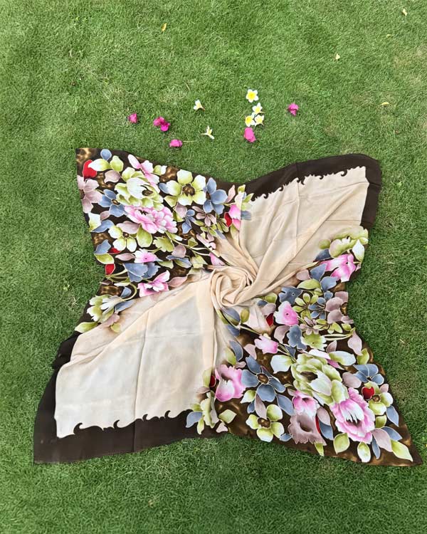 Multicolored Flowers Pure Crape Silk Scraf