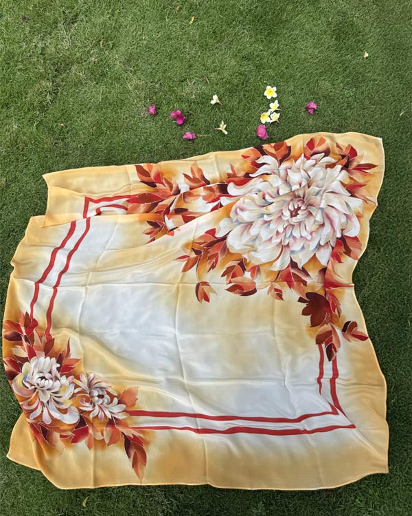 Chrysanthemums Yellow Crape Silk Scraf