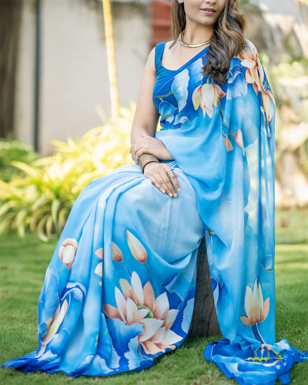 Hand painted, Pure Georgette Lotus saree