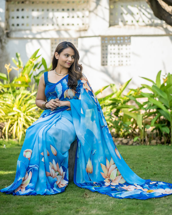 Hand painted, Pure Georgette Lotus saree