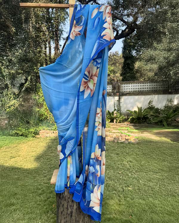 Hand painted Pure georgette Lotus saree