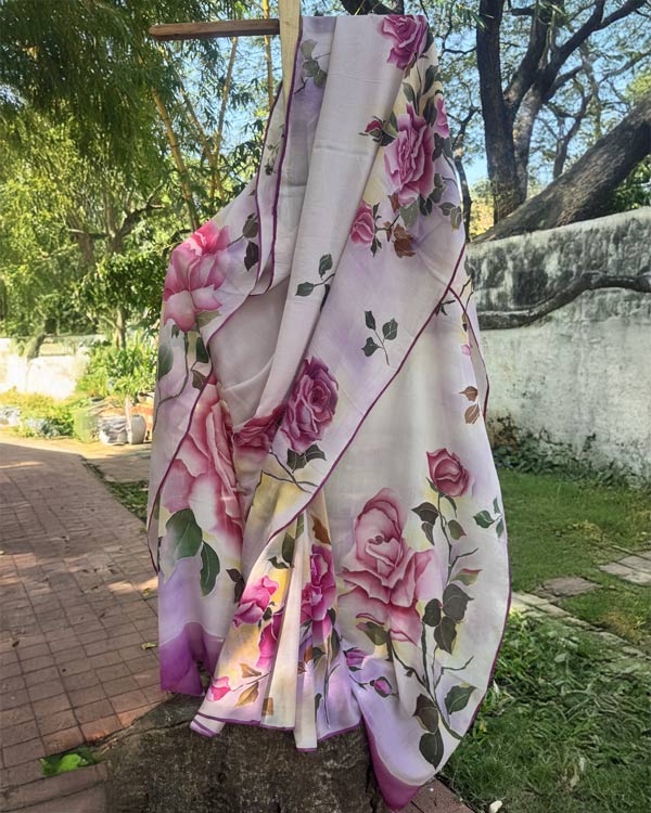 Hand painted pure Chignon Rose saree.