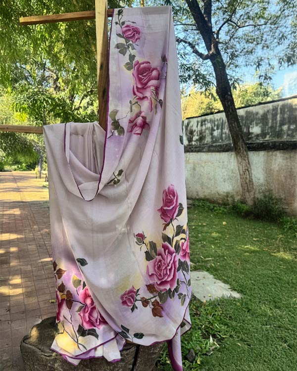 Hand painted pure Chignon Rose saree.