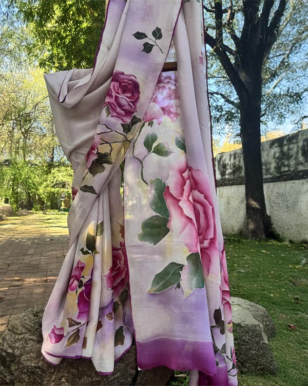 Hand painted pure Chignon Rose saree.