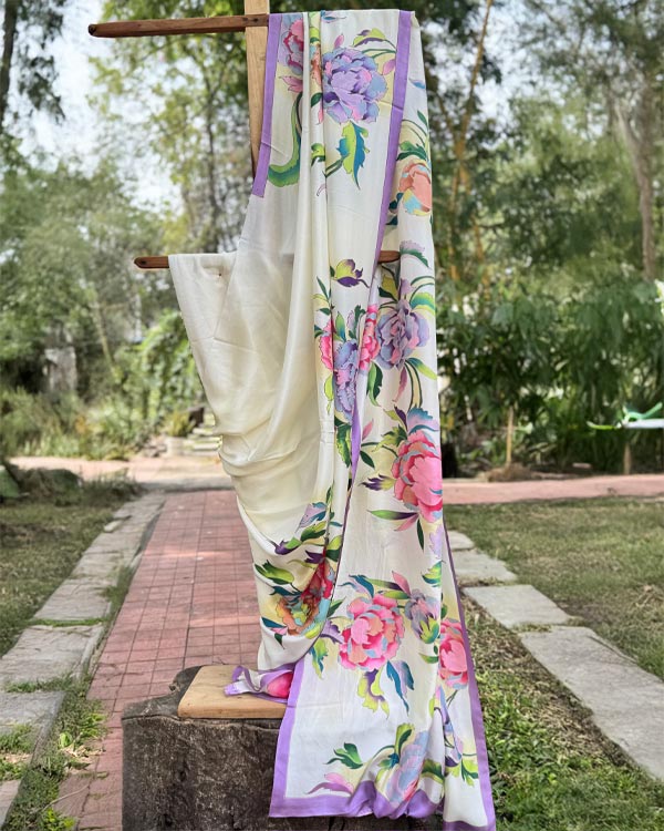 Hand painted pure Silk lavender Peonies Sarees.