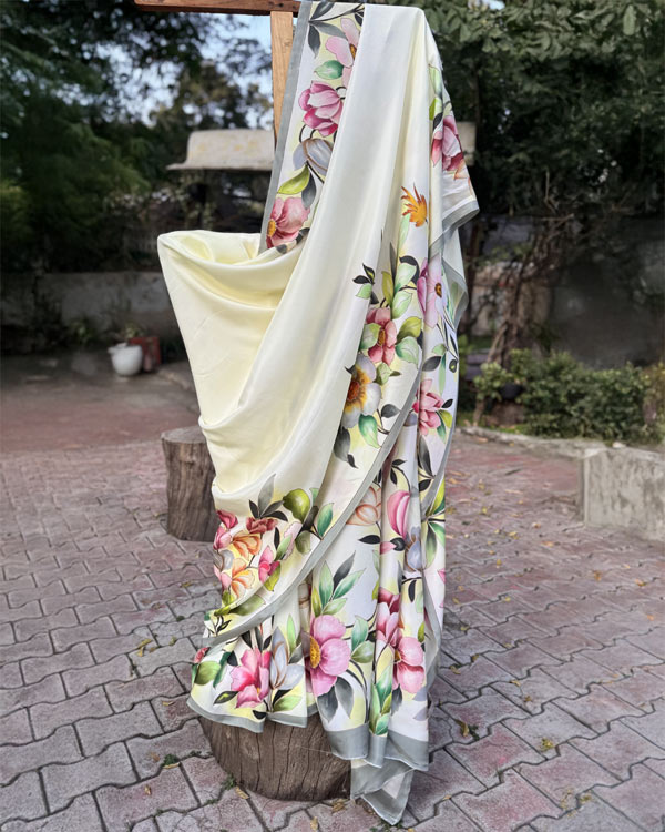Hand painted pure Silk multicoloured , emblished ,Floral saree