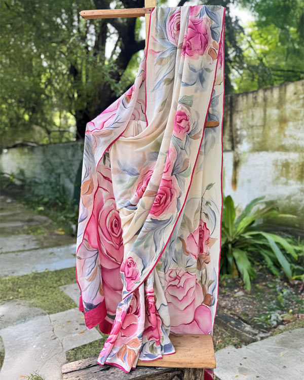 Hand painted pure crepe Silk rose saree