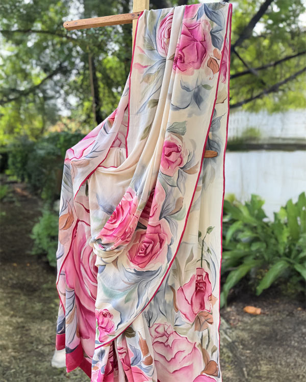 Hand painted pure crepe Silk rose saree