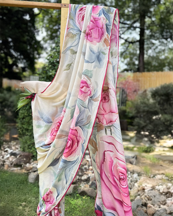 Hand painted pure crepe Silk rose saree