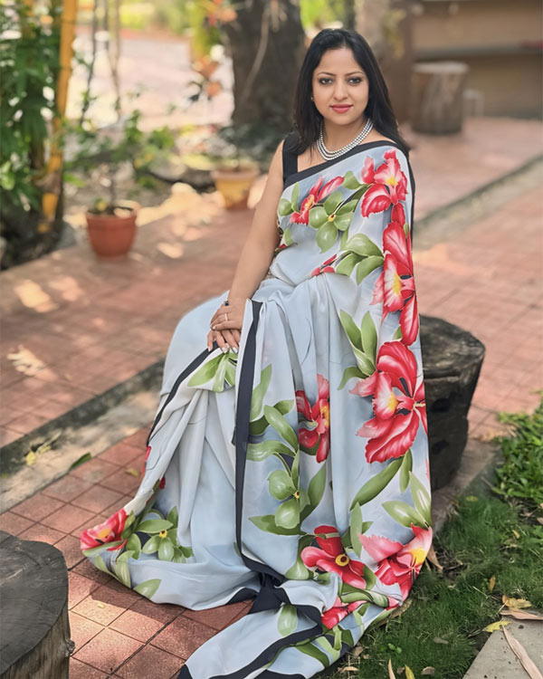 Hand painted pure georgette orchid grey Saree