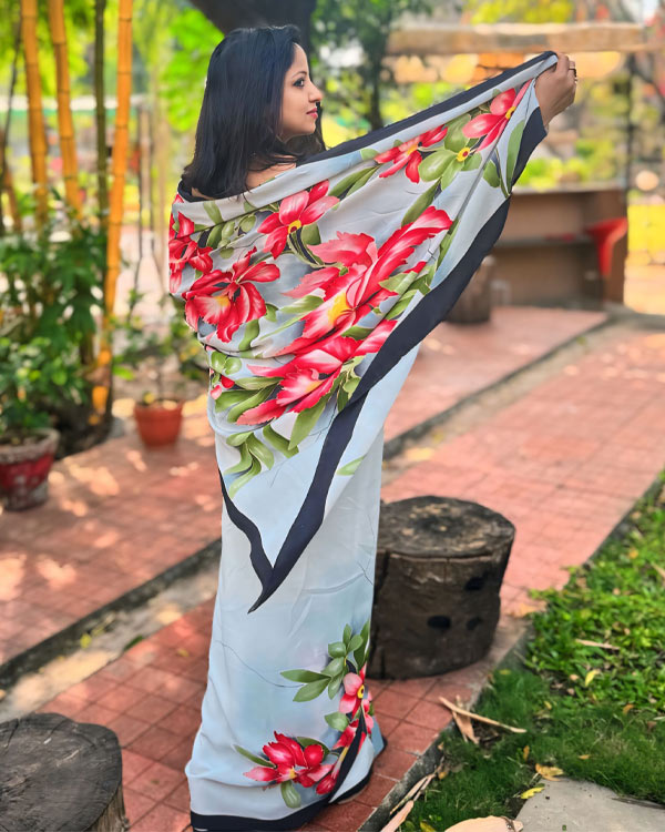 Hand painted pure georgette orchid grey Saree