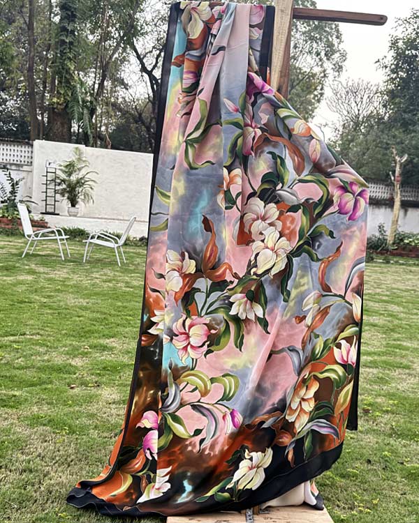 Handpainted Pure crepesilk multicolored lillies saree.
