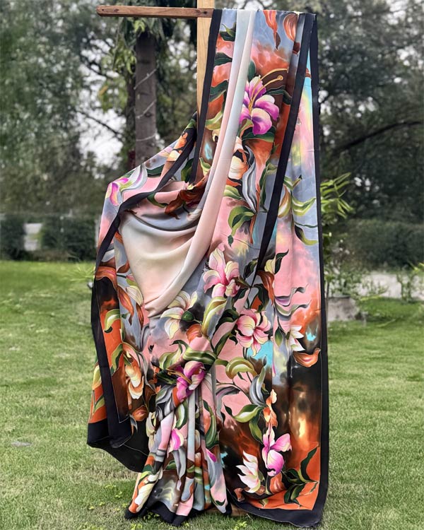 Handpainted Pure crepesilk multicolored lillies saree.