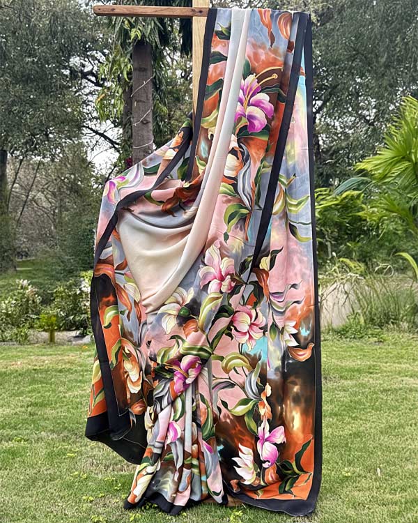 Handpainted Pure crepesilk multicolored lillies saree.