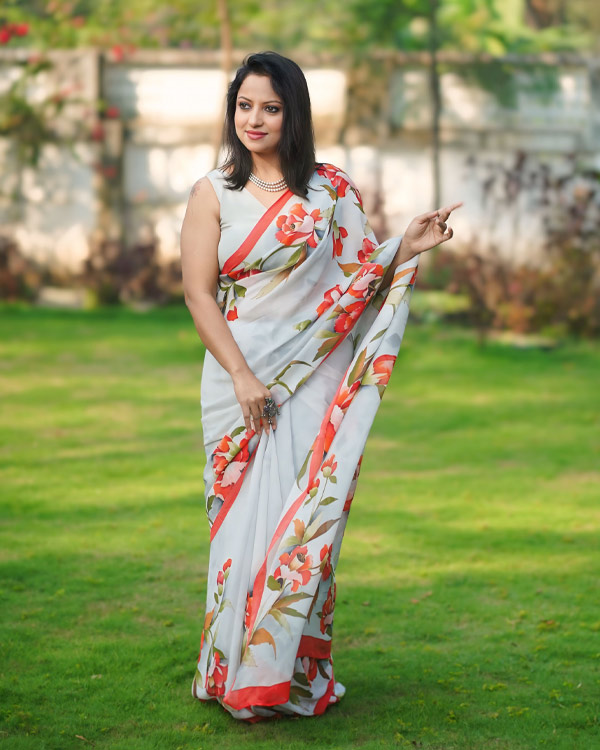 Handpainted pure chiffon silk saree laden with peonies