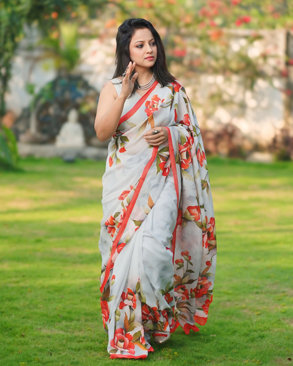 Handpainted pure chiffon silk saree laden with peonies