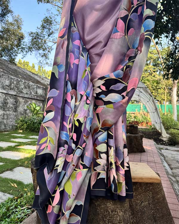 Handpainted soft silk Lavender flowers saree