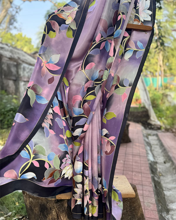 Handpainted soft silk Lavender flowers saree