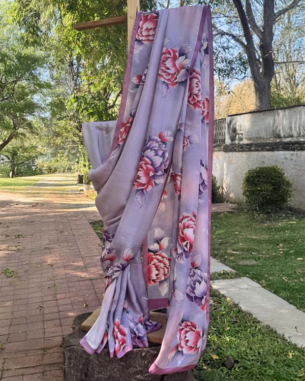 Handpainted soft silk lavender peonies saree