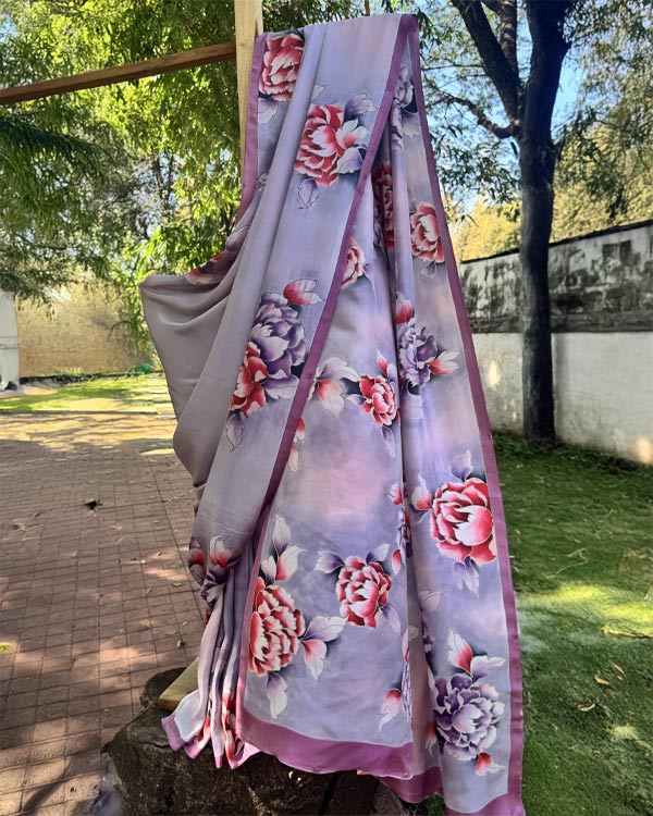 Handpainted soft silk lavender peonies saree