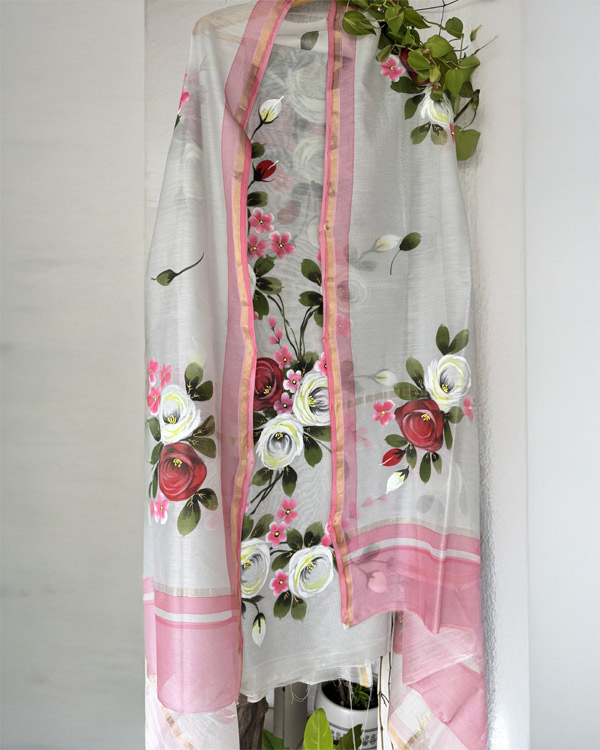 Pure Chanderi grey shirt and dupatta set