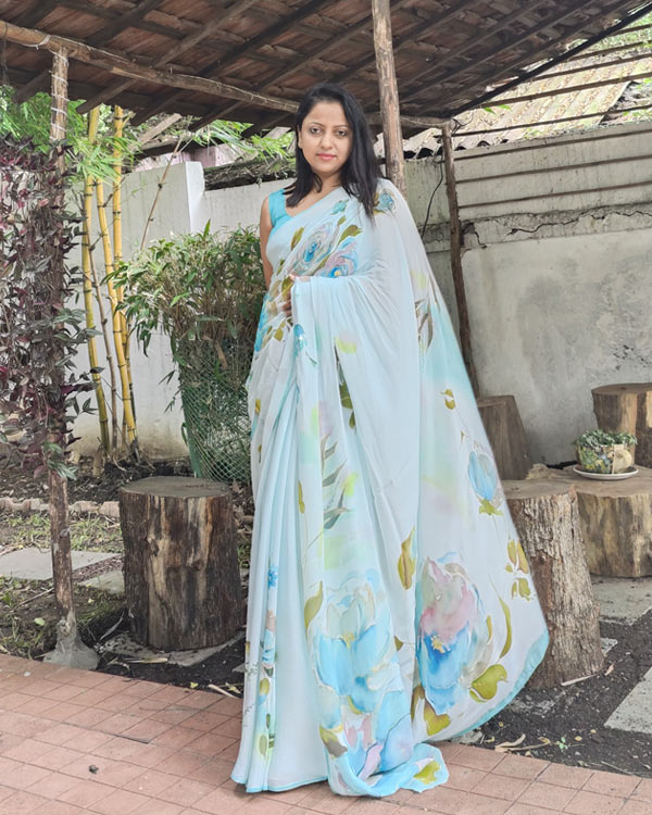 Pure blue chiffon roses saree