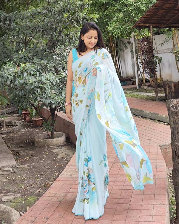 Pure blue chiffon roses saree
