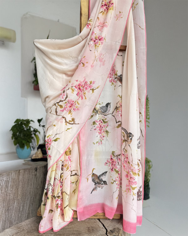 Pure chignon bird peach saree