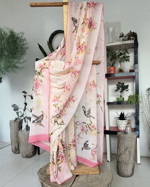 Pure chignon bird peach saree