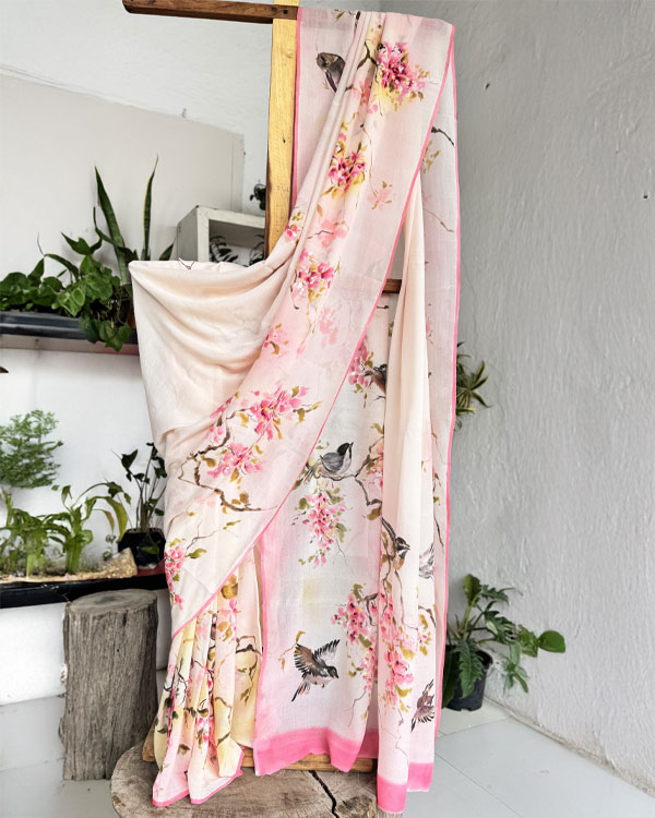 Pure chignon bird peach saree