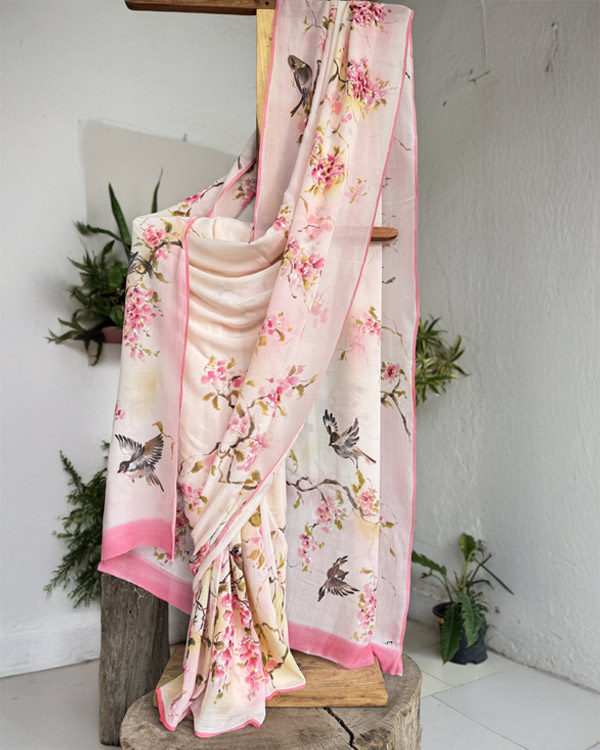 Pure chignon bird peach saree