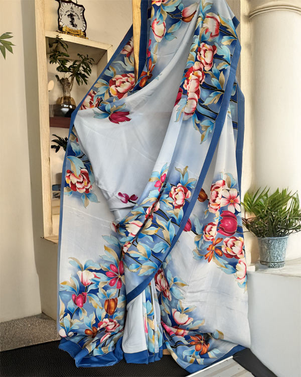 Pure crepesilk floral blue saree