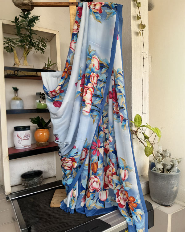 Pure crepesilk floral blue saree