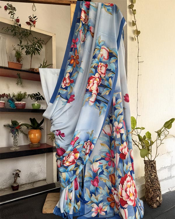 Pure crepesilk floral blue saree