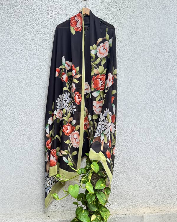 Pure georgette black dupatta and crepe silk shirt set