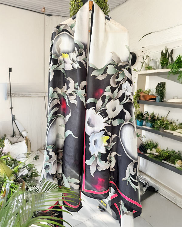 Pure soft silk black and white dupatta with fuschia border