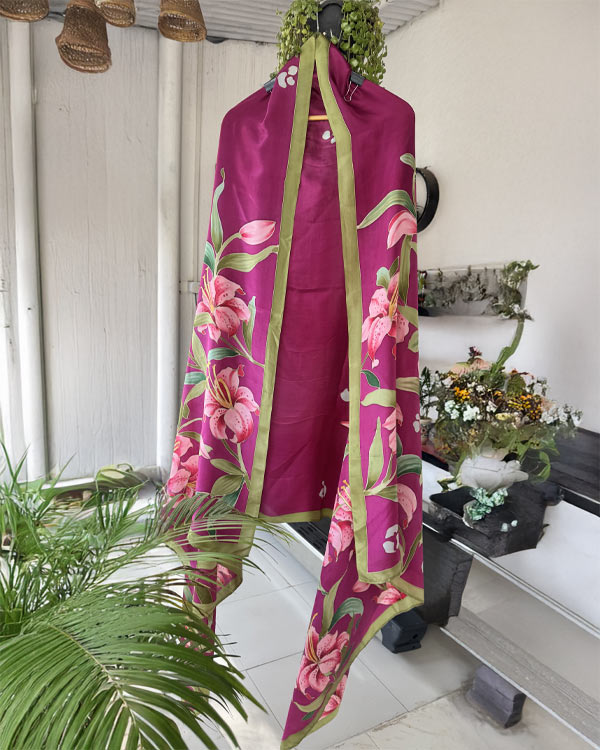 Pure soft silk lillies dupatta with purple base color