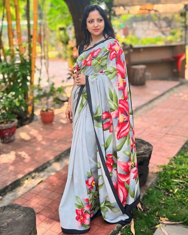 Hand painted pure georgette orchid grey Saree