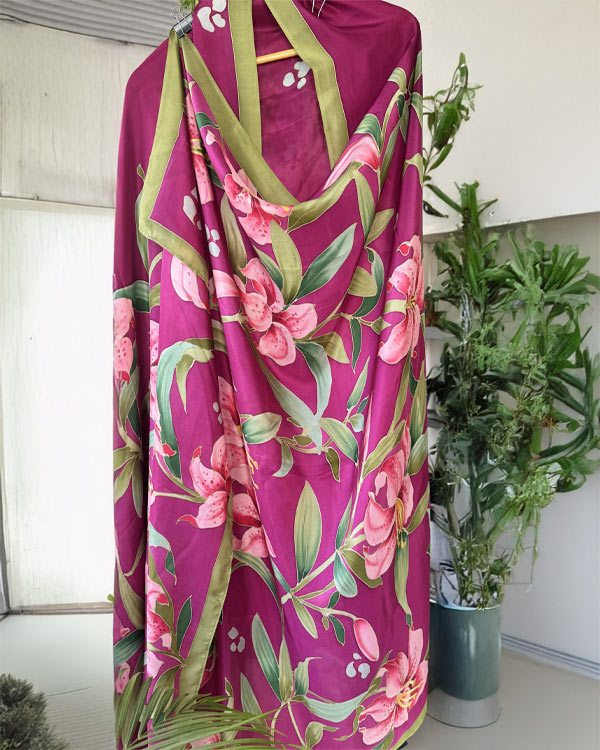Pure soft silk lillies dupatta with purple base color