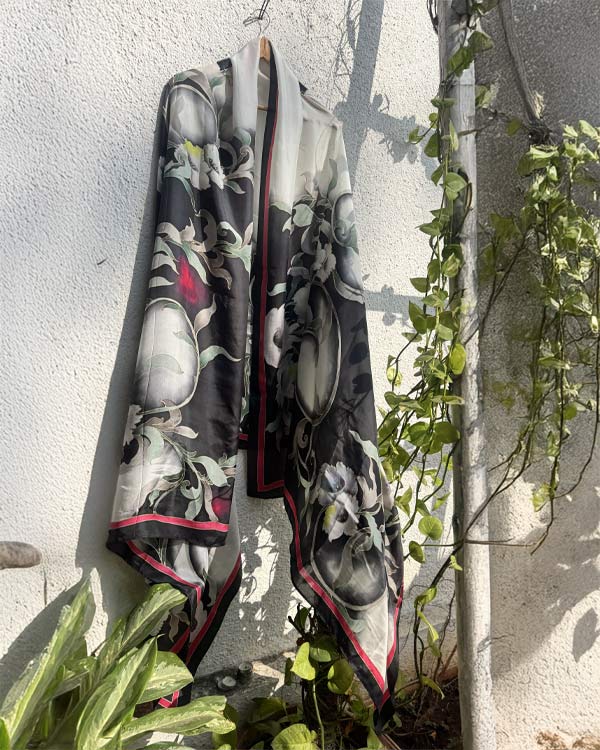 Pure soft silk black and white dupatta with fuschia border