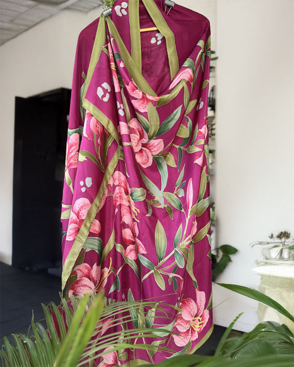 Pure soft silk lillies dupatta with purple base color