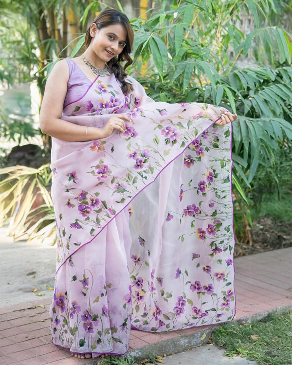 hand painted pure Silk organza sari in lavender shade