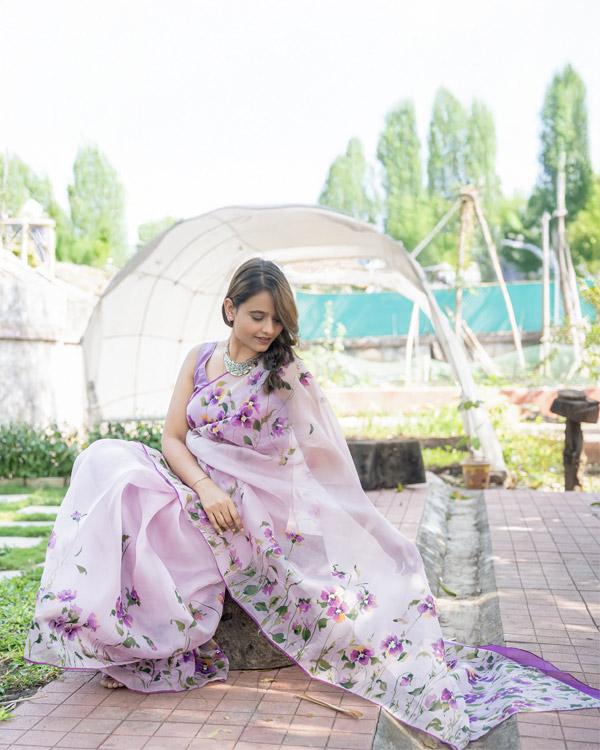 hand painted pure Silk organza sari in lavender shade