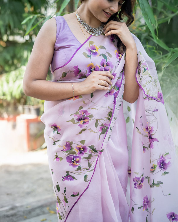 hand painted pure Silk organza sari in lavender shade