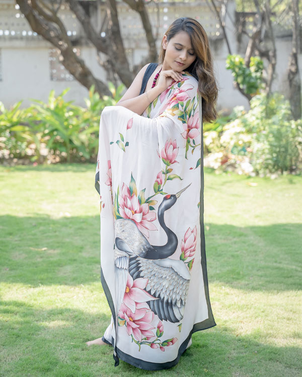hand painted, pure crêpe silk Flamingo saree